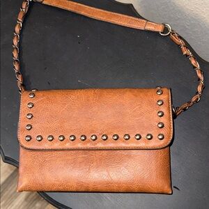 Chic Studded Brown Leather Shoulder Bag